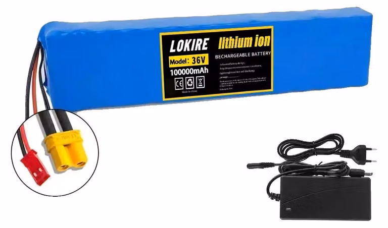 Batteria agli ioni di litio, capacità 100 Ah, tensione 36 V, caricabatterie XT30 JST