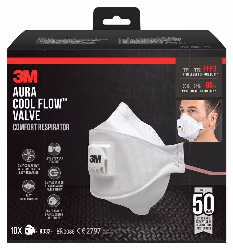 maschera antiparticolato 3M™ Aura™ Comfort Cool Flow™ - 9332+ FFP3 - con valvola - confezione da 10 pz