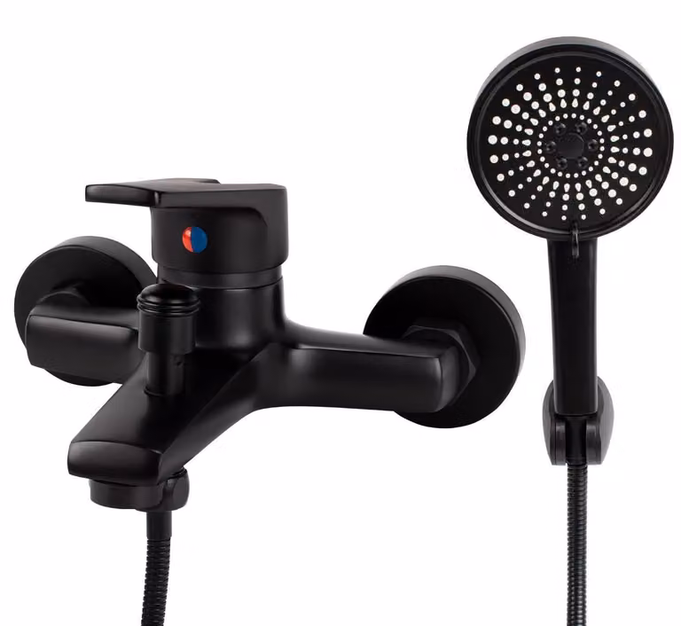 Miscelatore per vasca da bagno con doccetta manuale, in ottone, montaggio a parete, colore nero, forma quadrata, 5 diverse tipologie di getto