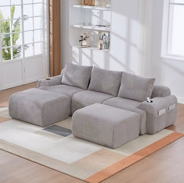 Divano modulare a 3 posti in corduroy grigio chiaro; con portabicchieri e tasca laterale; 268 cm