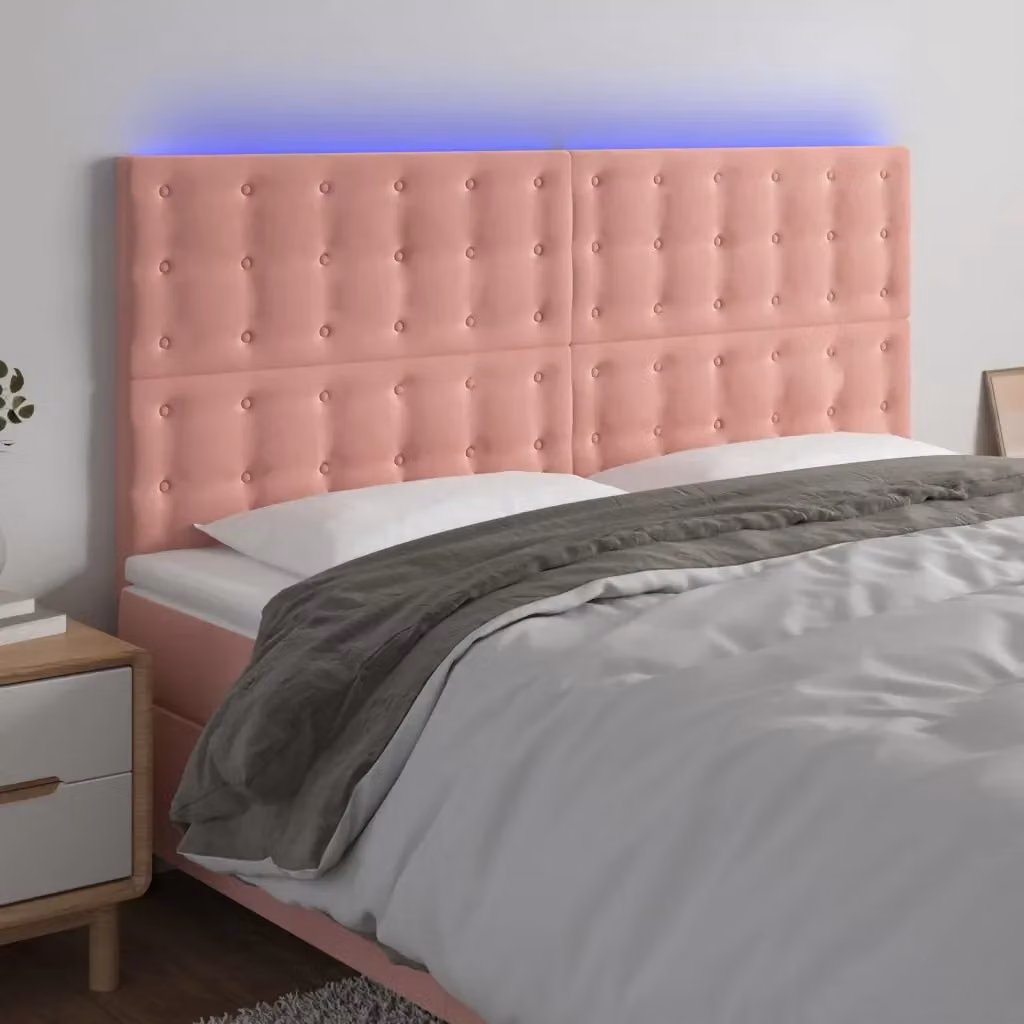 Testata del letto con illuminazione LED e porta di ricarica USB in velluto rosa, L: 200 cm, P: 5 cm, H: 118/128 cm – 2