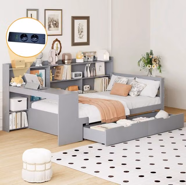 Divano letto multifunzione in legno massiccio 90x200 cm con scrivania, scaffali e presa di corrente, colore grigio