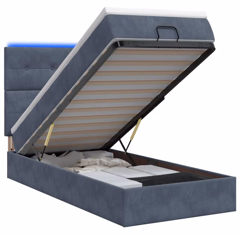 Panca contenitore con materasso e illuminazione LED, colore grigio scuro, dimensioni 90 x 190 cm, rivestita in velluto