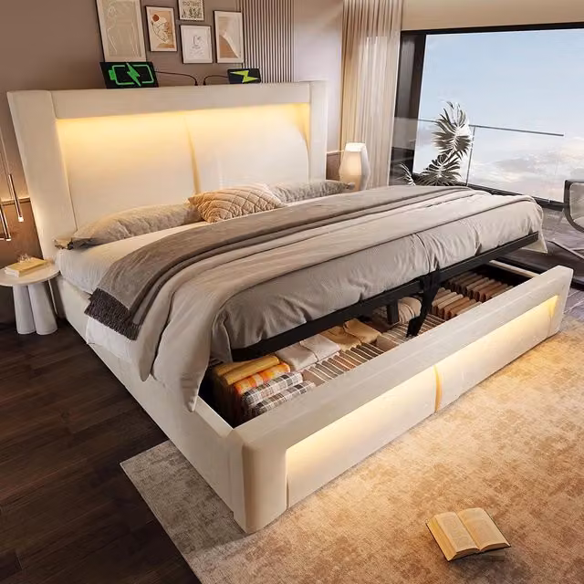 Letto matrimoniale-Xylo-160x200cm idraulico LED USB-C velluto beige