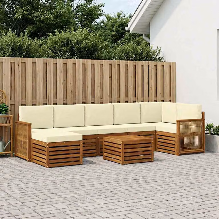 Set di divani da esterno vidaXL 7 pz in legno di acacia con tavolo e pouf, colore beige e marrone