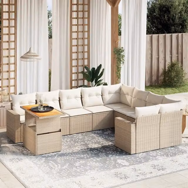 Set Divano da Giardino Moderno VIDAXL in Polyrattan con Cuscini Beige, 10 Pezzi, Forma a L