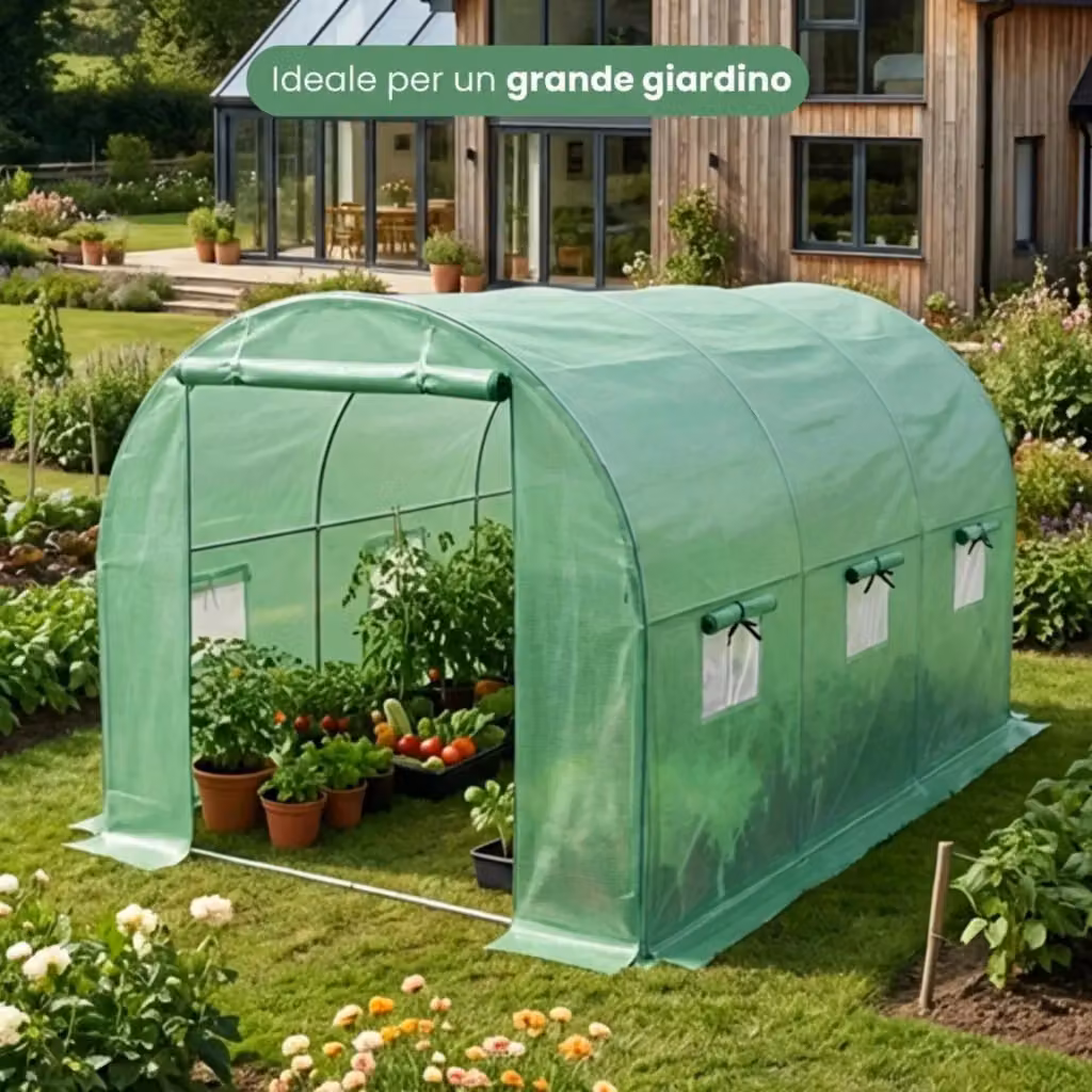 Serra da giardino a tunnel AKORD con struttura in acciaio galvanizzato e telo in PE verde, 1 porta e 6 finestre, L: 300 cm, P: 200 cm, H: 200 cm – 2