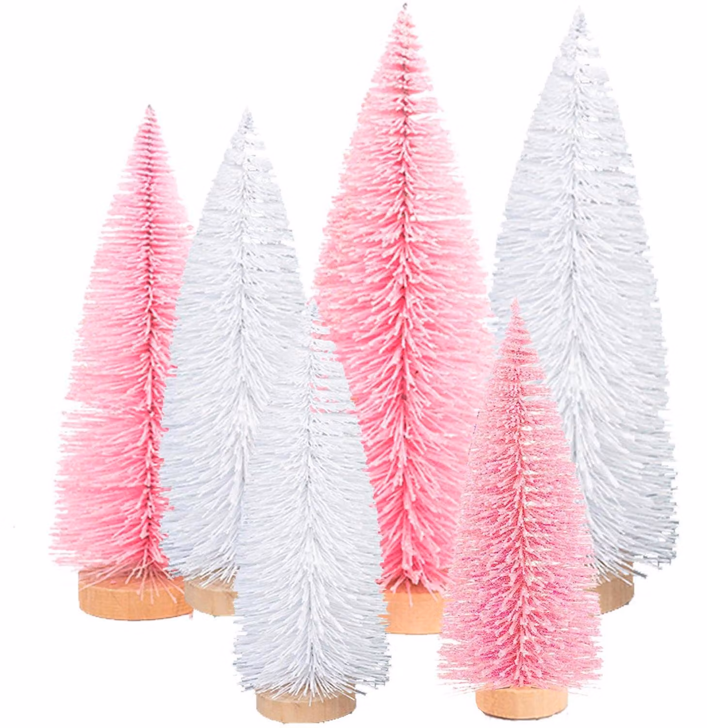 Mini albero di Natale, abete artificiale, set da 6, 10/15/20 cm, bianco, rosa, PVC/metallo/legno