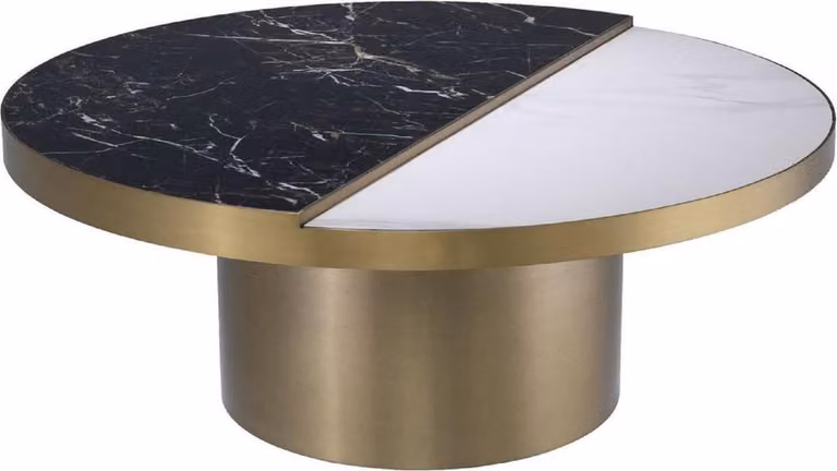 Tavolino Casa Padrino nero / bianco / ottone Ø 89 x H. 55,5 cm - Tavolino da salotto rotondo in acciaio inox con 2 piani semicircolari in Vetroceramica - Mobili Soggiorno - Mobili
