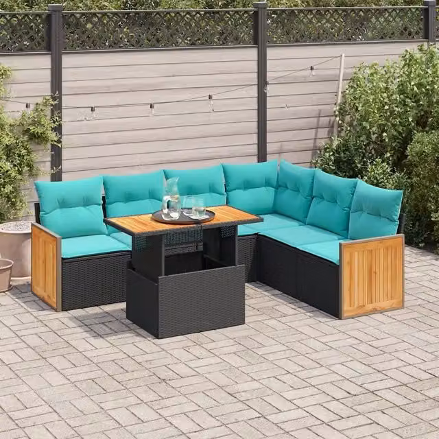 Set Divani da Giardino con Cuscini 7pz Nero Polyrattan Acacia 3327718