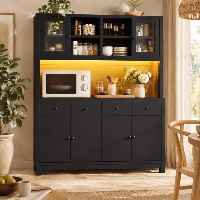 Credenza alta da cucina nera 140x38,5x180 cm con LED RGB, vetrine e 4 cassetti