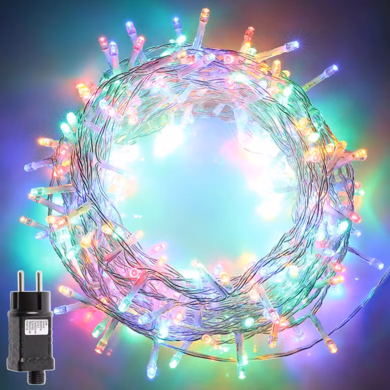 Catena luminosa a LED, 200 LED colorati, 10 metri, grado di protezione IP44, 8 modalità