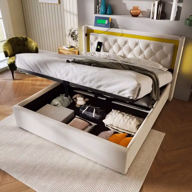 Letto contenitore REDOM con illuminazione LED e porte USB/Type-C, rivestimento in tessuto beige, L/P/H: 140 x 200 x 104 cm