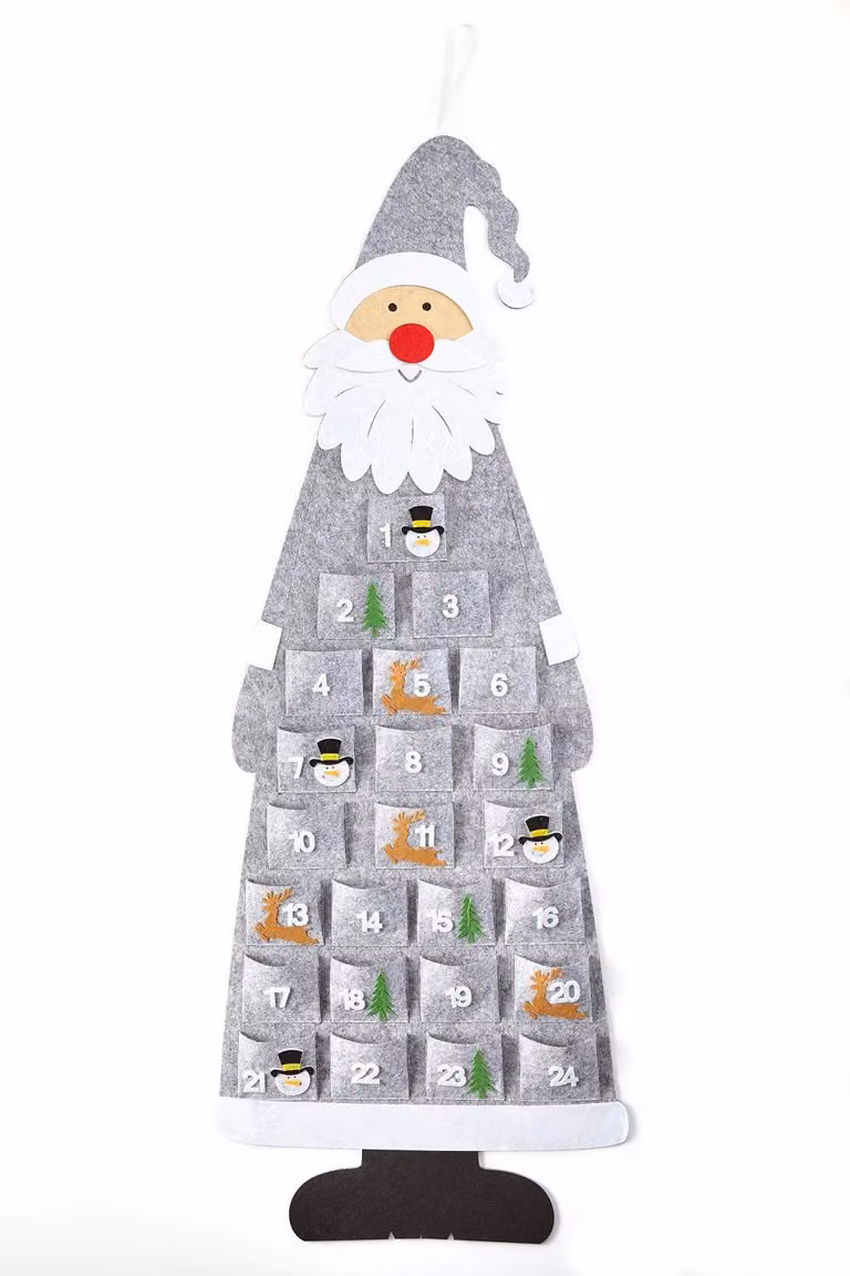 Calendario dell'Avvento in feltro, raffigurante Babbo Natale – Calendario da riempire e appendere – Babbo Natale, colori grigio e bianco