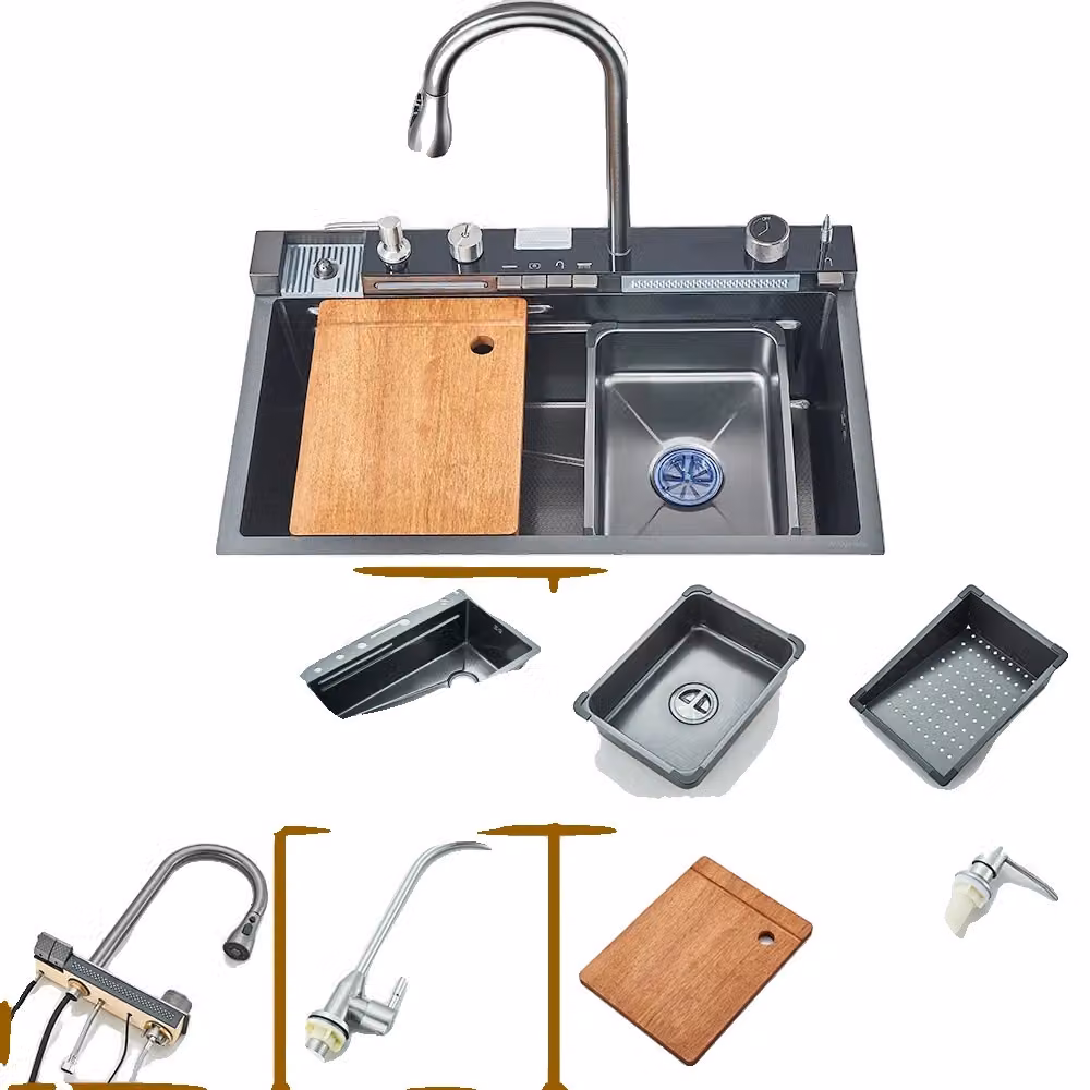 Lavello da cucina in acciaio inox, monovasca, con rubinetto e ripiani, 75CM x 45CM, 75CM x 45CM per il lavello principale25CM x 34CM per la vaschetta26CM x 34CM per il cestello di scarico