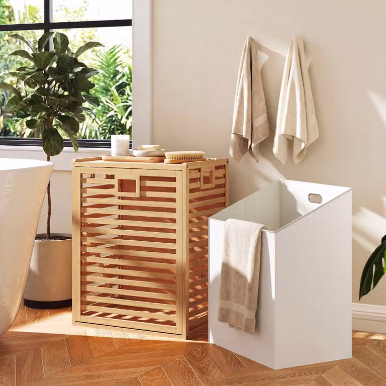 Costway Cesto portabiancheria in bambù 68l con sacco rimovibile, Cesta bucato con piano superiore per bagno e lavanderia Noce