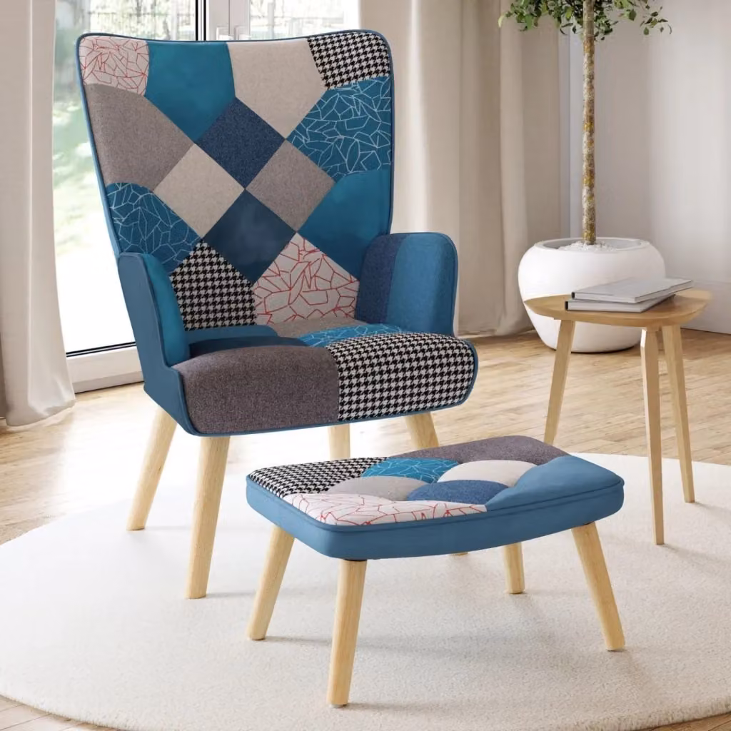 IDMarket Poltrona scandinava IVAR con poggiapiedi in velluto e tessuto patchwork blu – 2