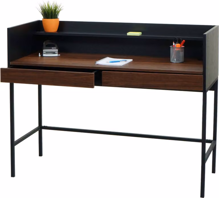 Scrivania MCW-J79, scrivania da ufficio, scrivania per computer, scrivania da lavoro, cassetto, dimensioni 120x50 cm, legno e metallo, finitura effetto noce