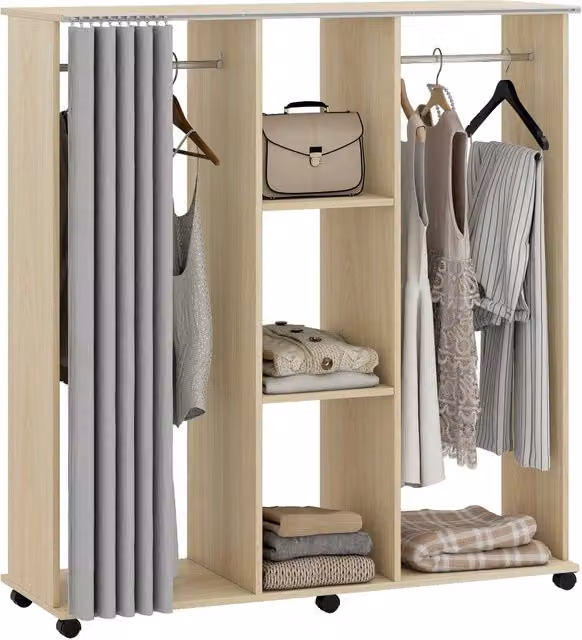 Armadio guardaroba XYLO con ante e cassetti in legno naturale, colore beige e marrone, L 120 cm x P 40 cm x H 128 cm con 6 ruote