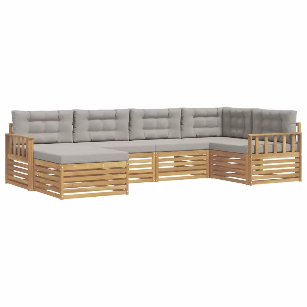 Set di divani da esterno a L vidaXL in legno di acacia con pouf e cuscini, Bianco e Grigio – 2