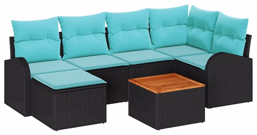 Set da giardino composto da 7 pezzi, in rattan sintetico nero e turchese