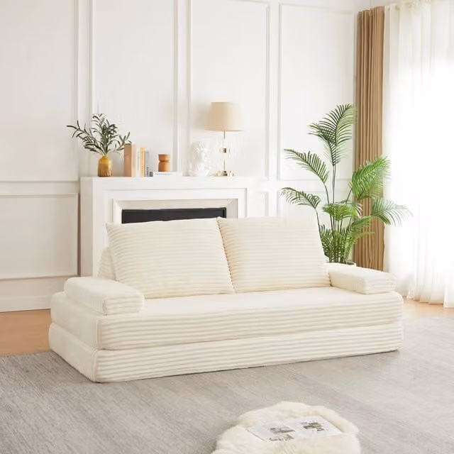 Desviae Divano modulare in velluto a coste beige con schienali triangolari e braccioli mobili a configurazione flessibile