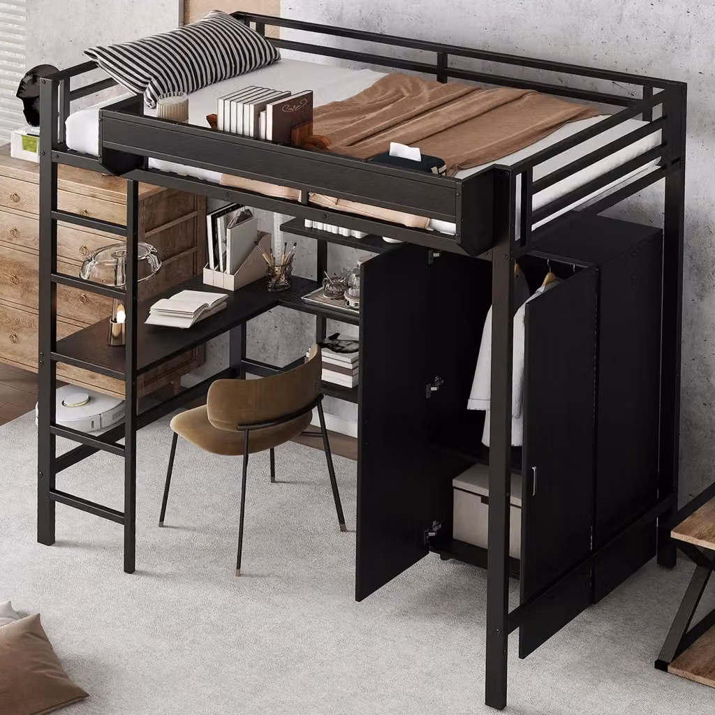 Letto a soppalco MIVRAY nero con scrivania, armadio e scala a 5 gradini in metallo e MDF, L/P/H: 205 x 90 x 180 cm – 2