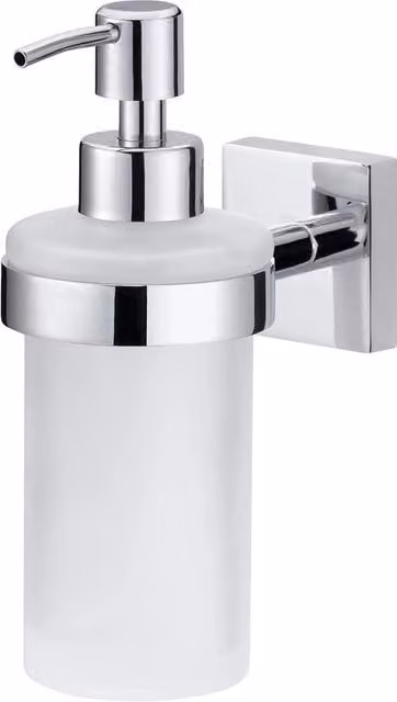 Dispensiere per sapone in vetro satinato e acciaio inox verniciato - fissaggio alla parete senza forare - 125mm x 70mm x 170mm