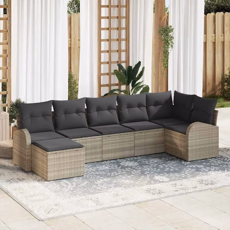 Set di divani da giardino vidaXL a forma di L in polyrattan grigio con cuscini e tavolino da esterno