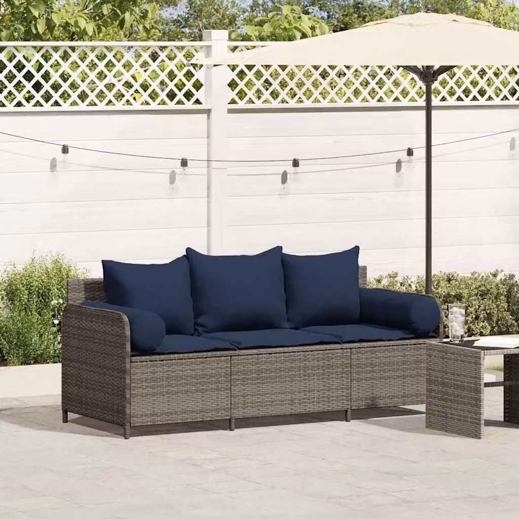 vidaXL Divano da Giardino a 3 Posti in Polyrattan con Cuscini Blu e Grigio e Struttura in Metallo