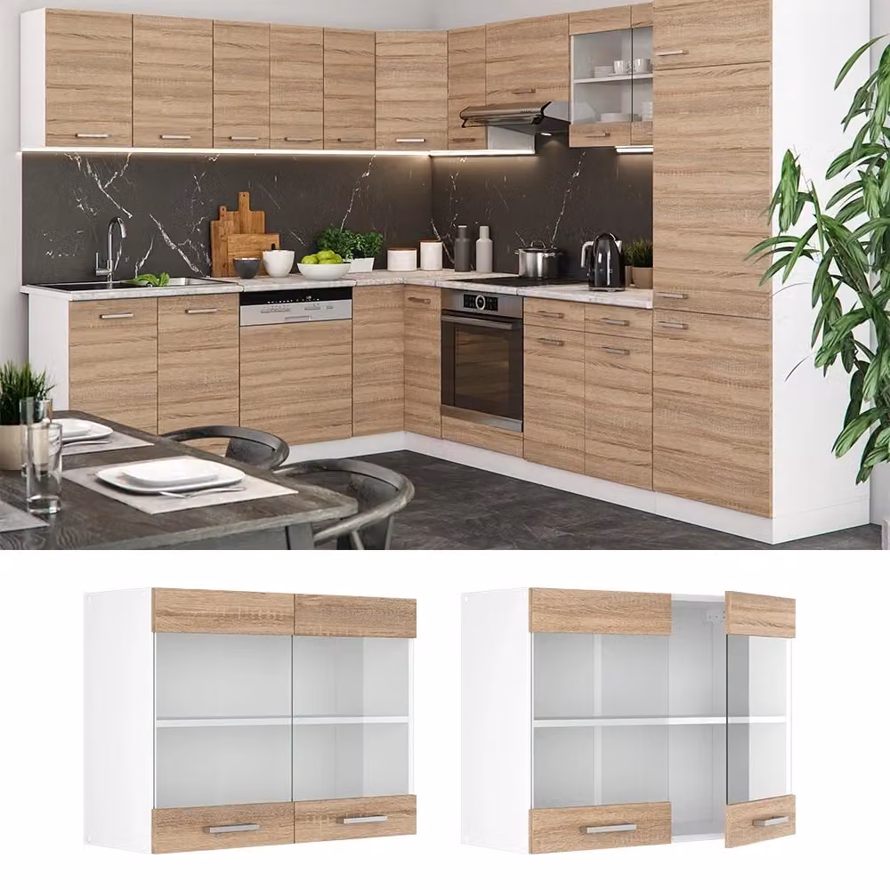 Pensile da cucina Vicco R-Line Sonoma Bianco e Grigio con ante in vetro e ripiani interni, L: 80 cm, H: 60 cm, P: 31 cm – 2