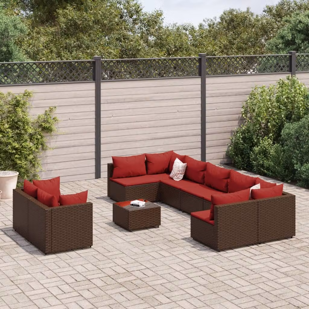 Set da giardino vidaXL composto da 10 pezzi con divani a L, tavolino e cuscini in rattan marrone e struttura in acciaio con piano in vetro
