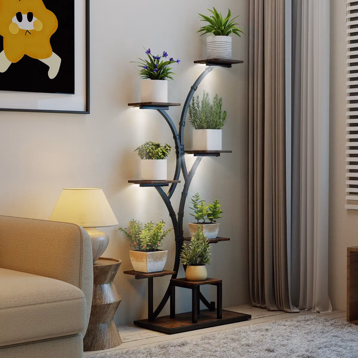 Supporto decorativo per piante da interno e balcone Costway con luci di crescita, Marrone