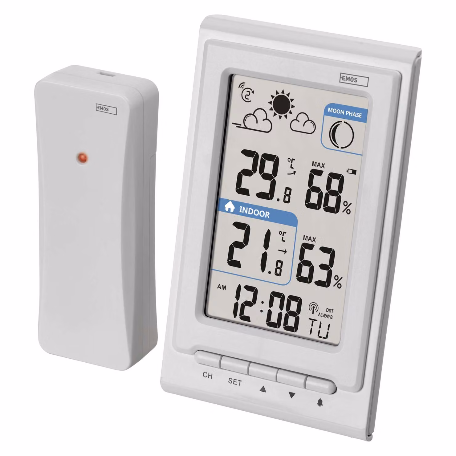 EMOS Mini stazione meteo radio con sensore esterno, misura la temperatura interna ed esterna, l'umidità, le previsioni del tempo, orologio radiocontrollato con sveglia