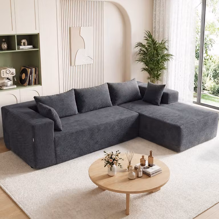 Divano letto angolare a L Costway con penisola a sinistra, rivestimento in velluto grigio e imbottitura in spugna, 4 posti con 5 cuscini e fodere rimovibili lavabili