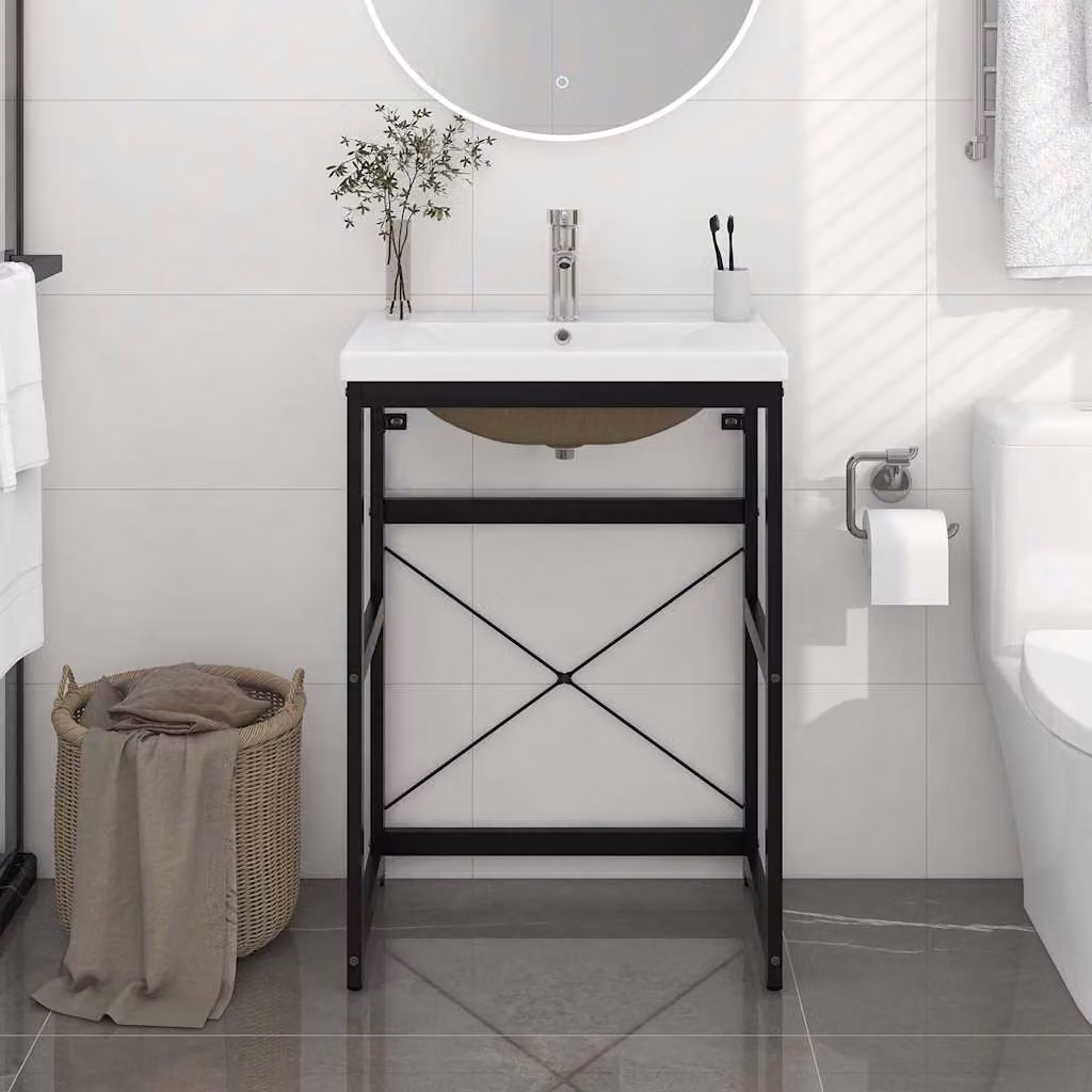 vidaXL Telaio per Lavabo da Bagno con Lavabo Integrato in Metallo e Ceramica Nero e Bianco L/P/H: 83 x 59 x 38 cm – 1