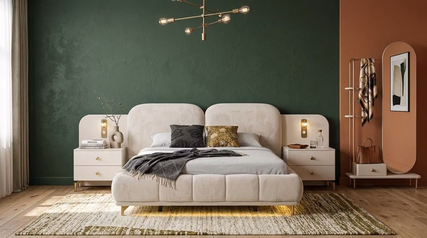 Due comodini, specchio, camera da letto, stile moderno, beige, confortevoli