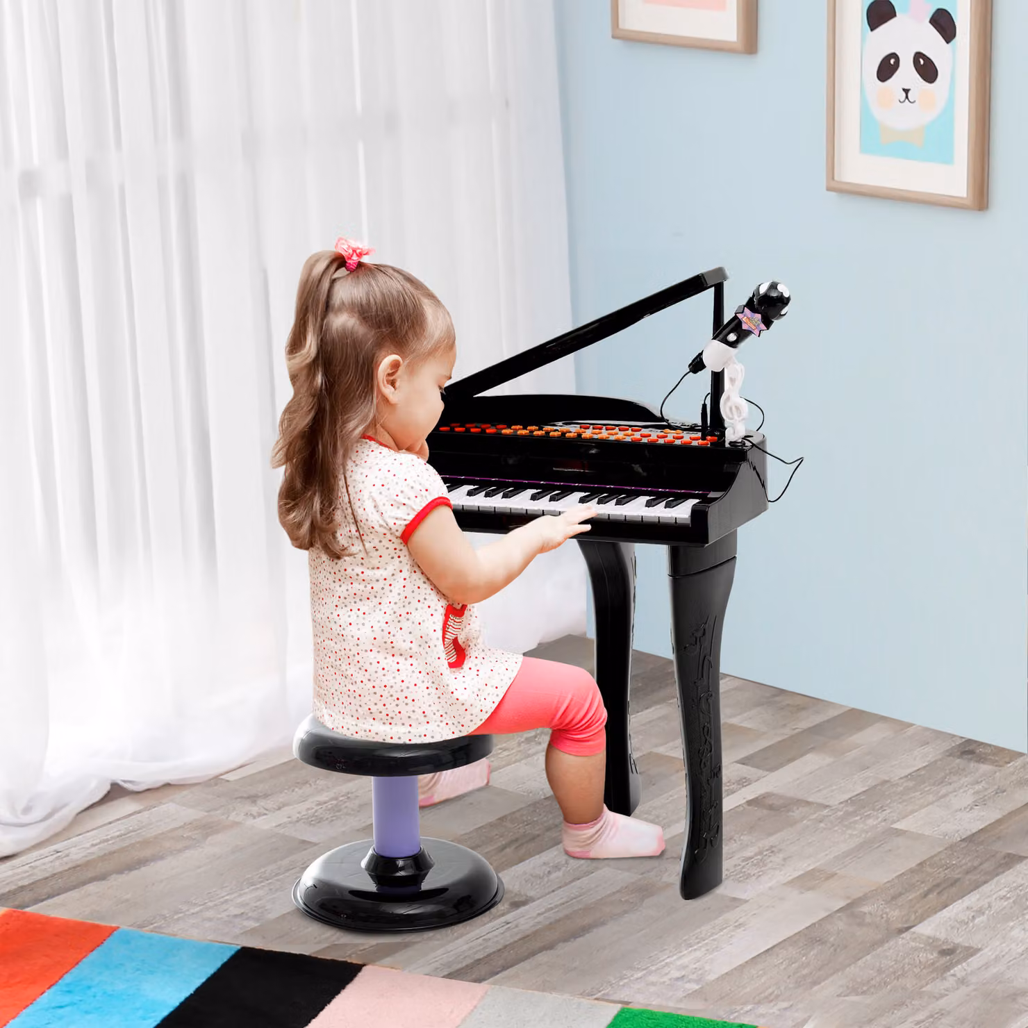 Pianoforte Elettrico Giocattolo HOMCOM con 37 Tasti, Microfono e Sgabello, Nero, L 48 cm x P 39 cm x H 69 cm – 2