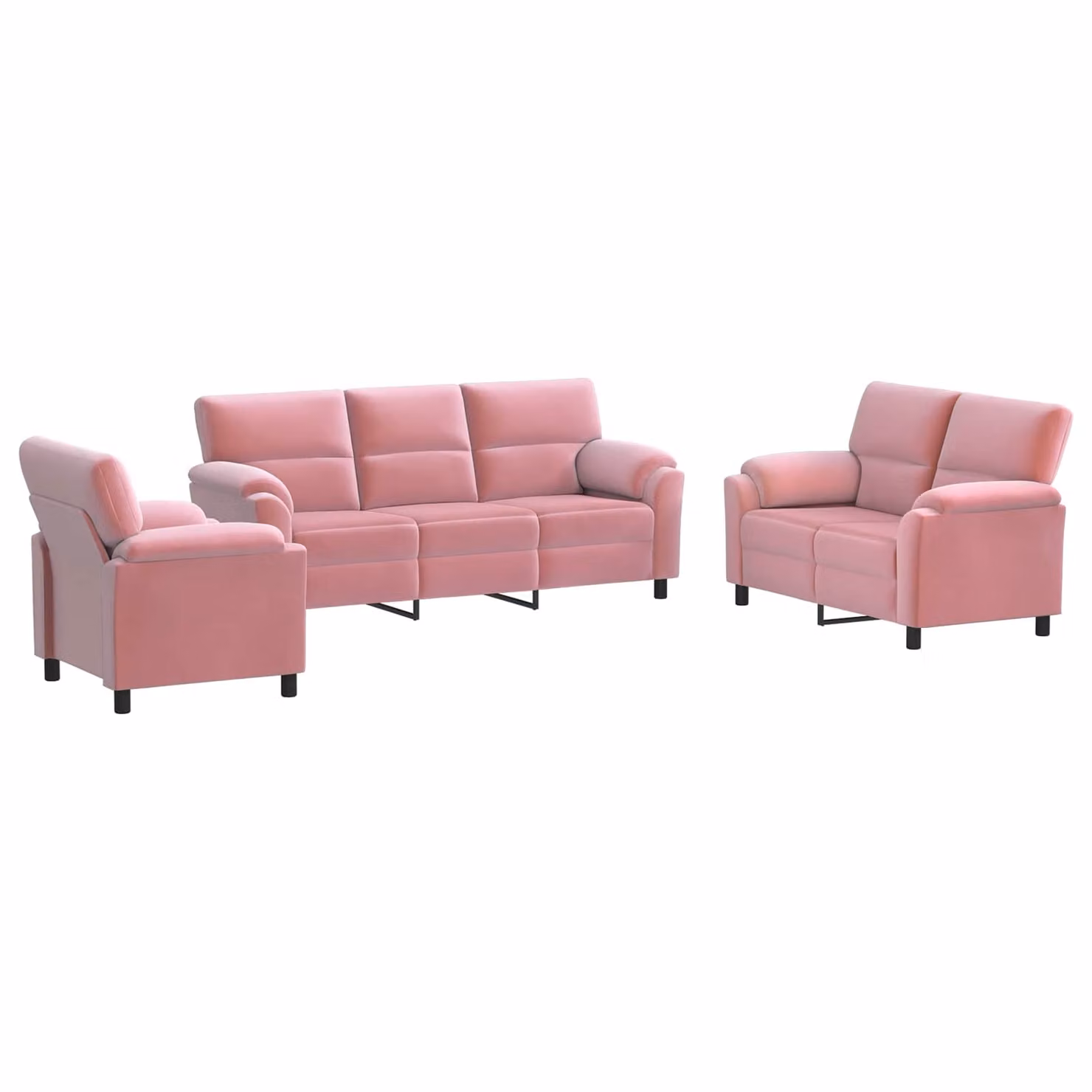 Set di 3 divani moderni vidaXL in velluto rosa con struttura in metallo e cuscini inclusi