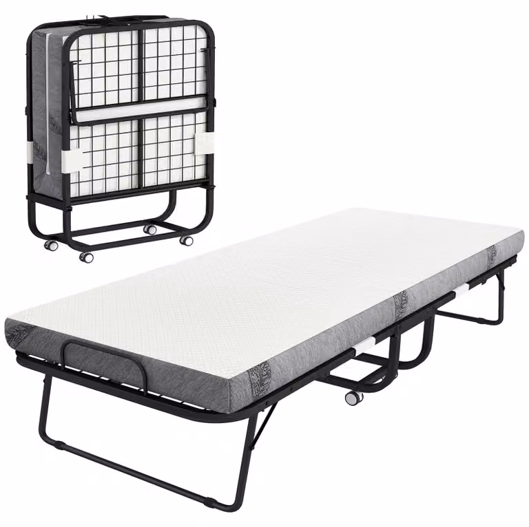 Letto pieghevole per ospiti con materasso | Colore: Bianco e nero | Dimensioni: 90x200x42,5 cm
