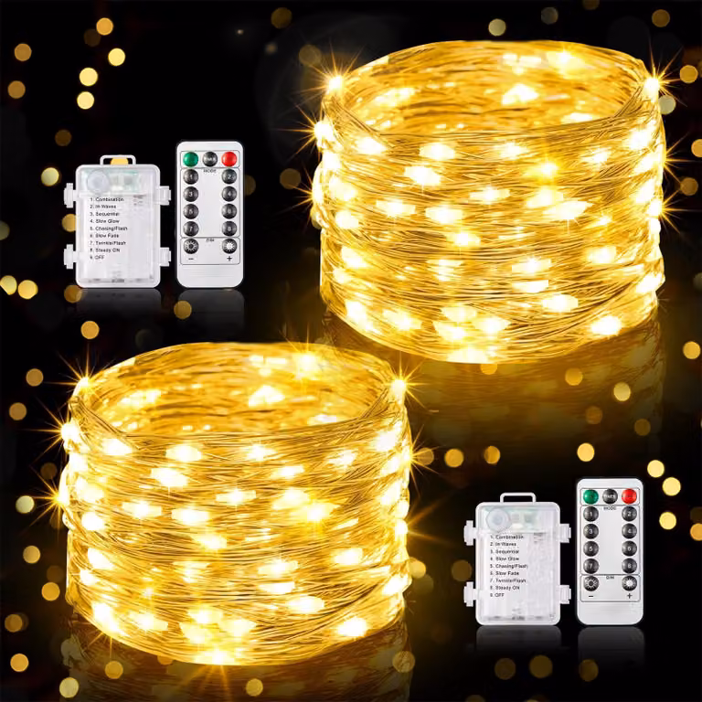 Catena luminosa, 2 x 10 metri, 100 LED, luce bianco caldo, alimentazione a batteria, timer, telecomando