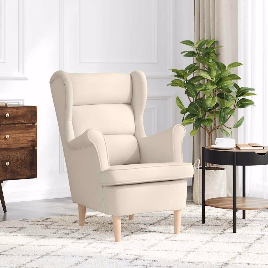 Poltrona vidaXL in tessuto bianco e beige con struttura in legno massello e braccioli, L 74 cm, P 84 cm, H 100 cm