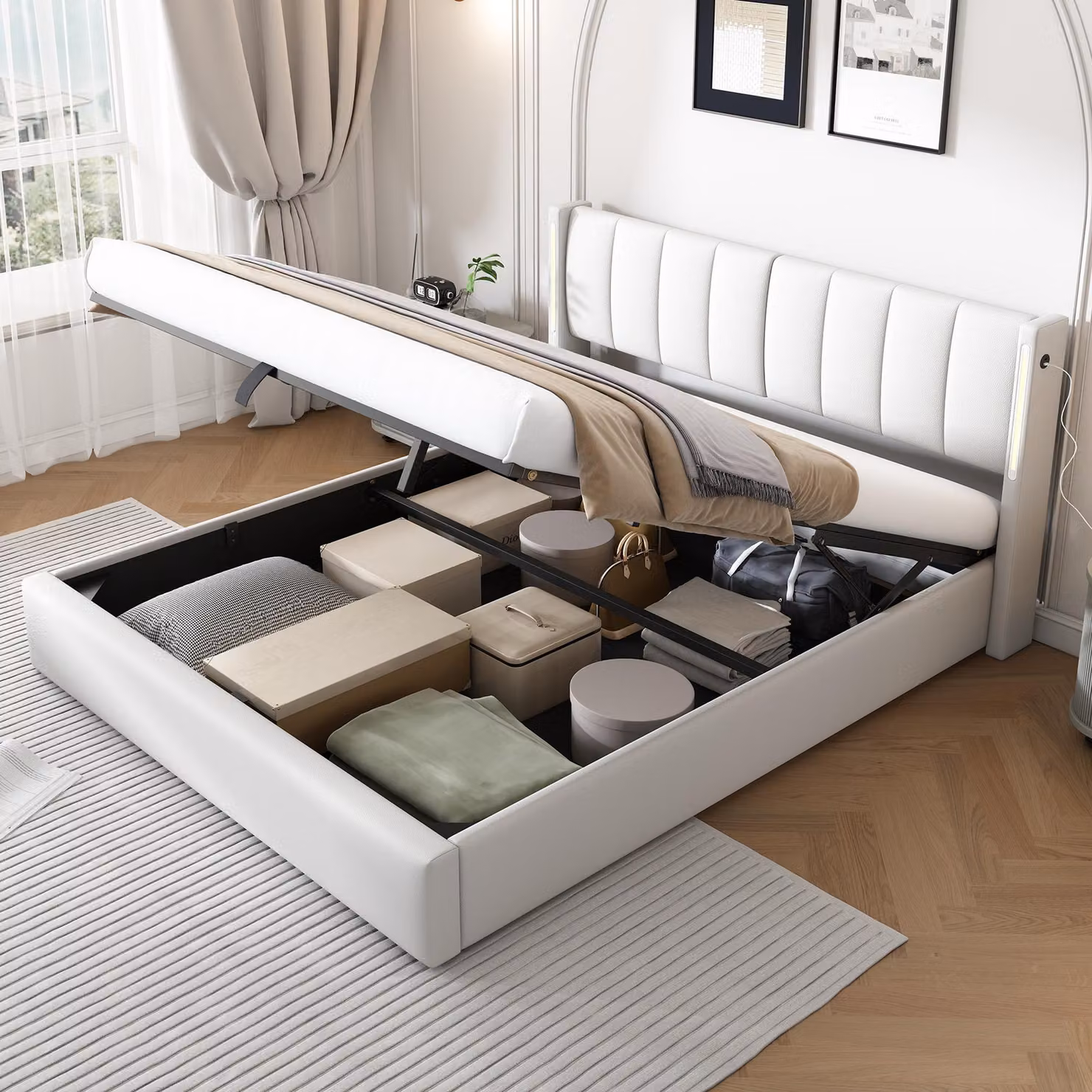 Letto imbottito 160x200 cm, colore bianco, realizzato in PU, con spazio contenitore, illuminazione LED e porta USB, ideale per la camera da letto