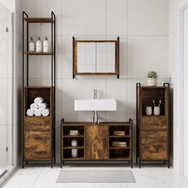 Set di Armadi da Bagno 3 pz Rovere Fumo 40 x 36 x 200,5 cm 3444587