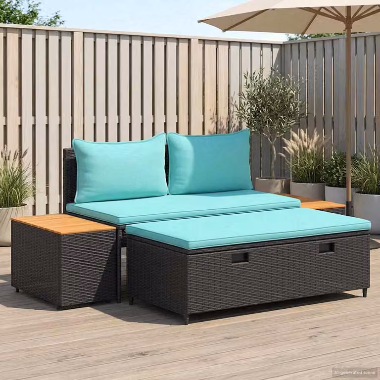 Set di divani da esterno vidaXL a 4 posti con cuscini, struttura in acciaio e legno di acacia, colori nero e turchese