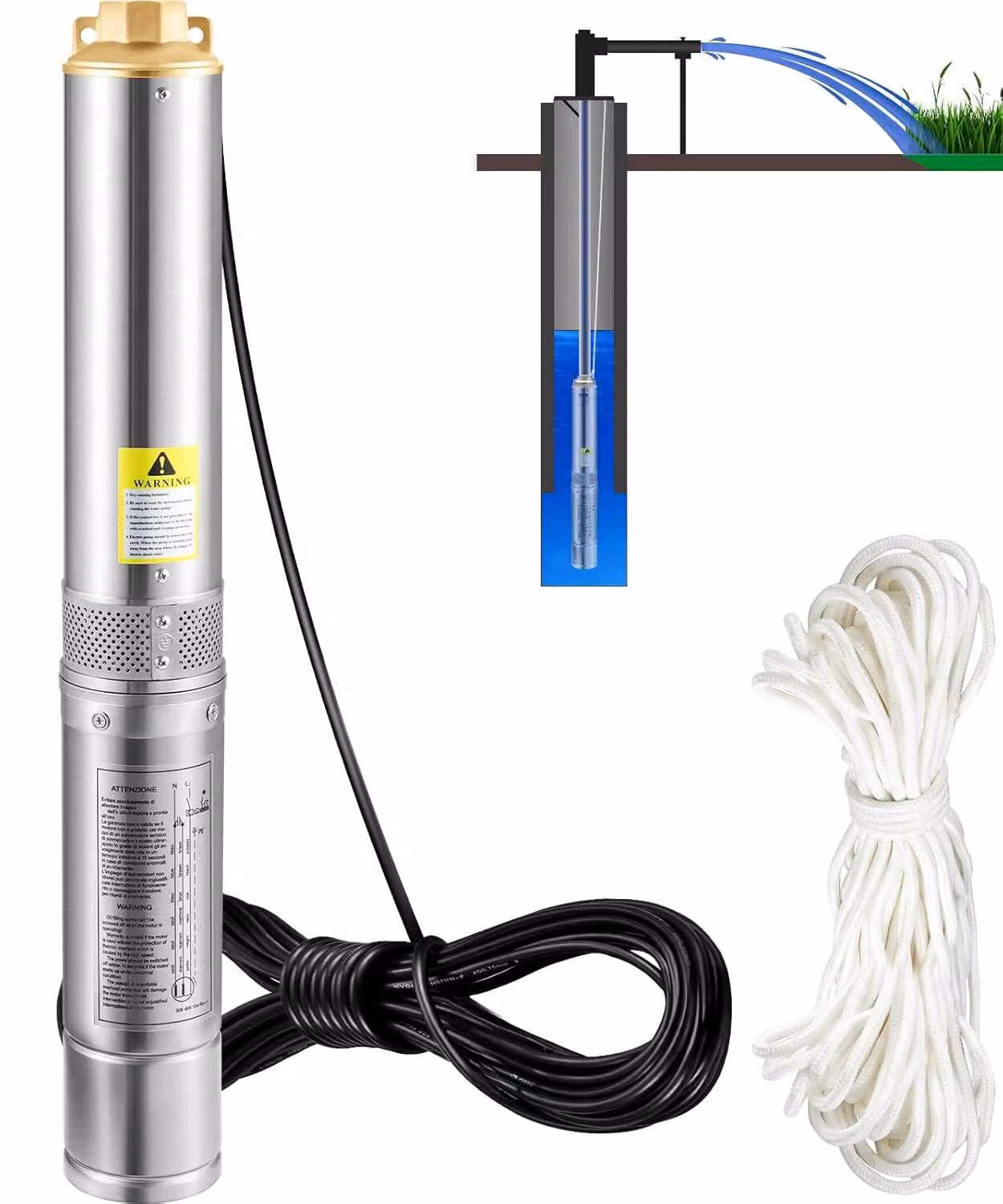 Pompa sommergibile per pozzi profondi, con motore da 750 W e portata di 100 litri al minuto, realizzata in acciaio inossidabile, ideale per applicazioni agricole e industriali