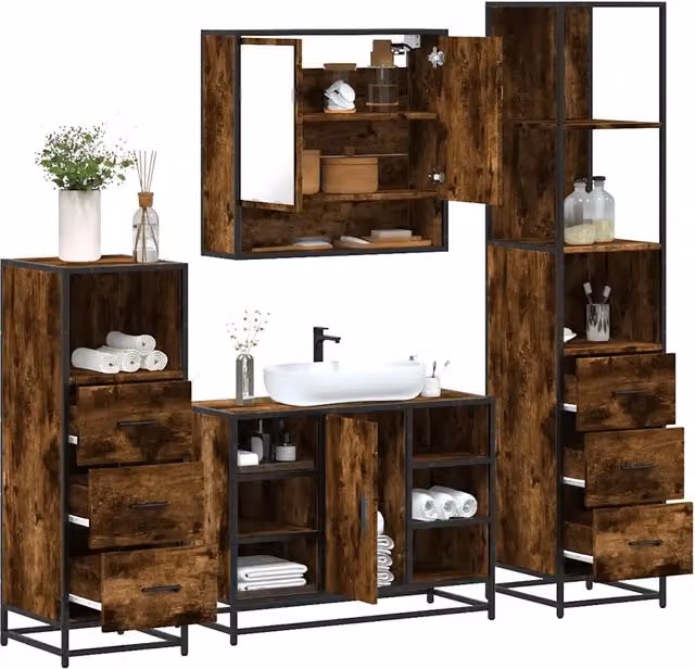 Set Mobili da Bagno 4 pz Rovere Fumo in Legno Multistrato 3301302