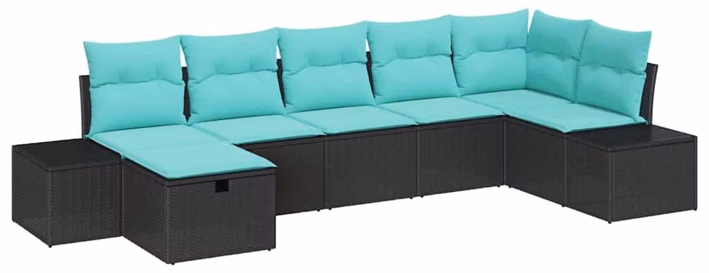 Set da giardino composto da 7 pezzi, colore nero, realizzato in rattan sintetico