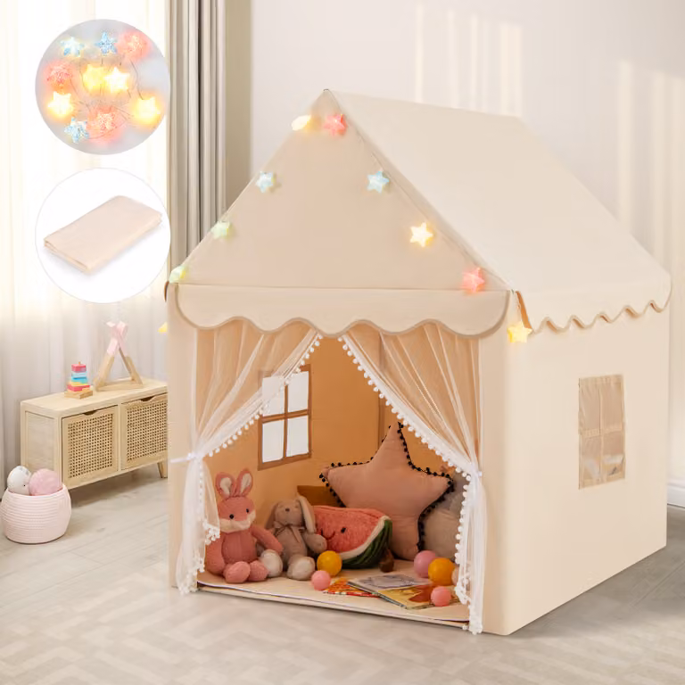 Tenda da gioco a castello per bambini Costway con tappetino lavabile e luci a stella, modello fantasy beige per cameretta e sala giochi