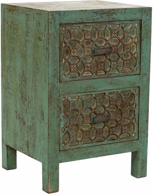Comodino artigianale in legno di mango Wanderlust Deco stile boho geometrico verde turchese e oro L 45 cm, P 35 cm, H 60 cm – 1
